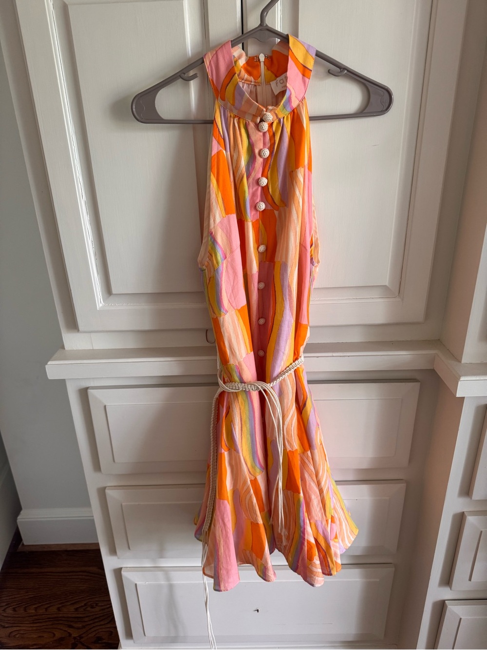Fate Sleeveless Midi Dress in Pink, Orange and Yellow Abstract Print